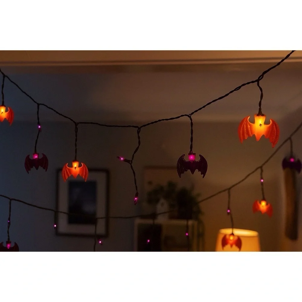 Kurt Adler UL 10 Orange Purple Green Bat Icicle String Halloween Light Set